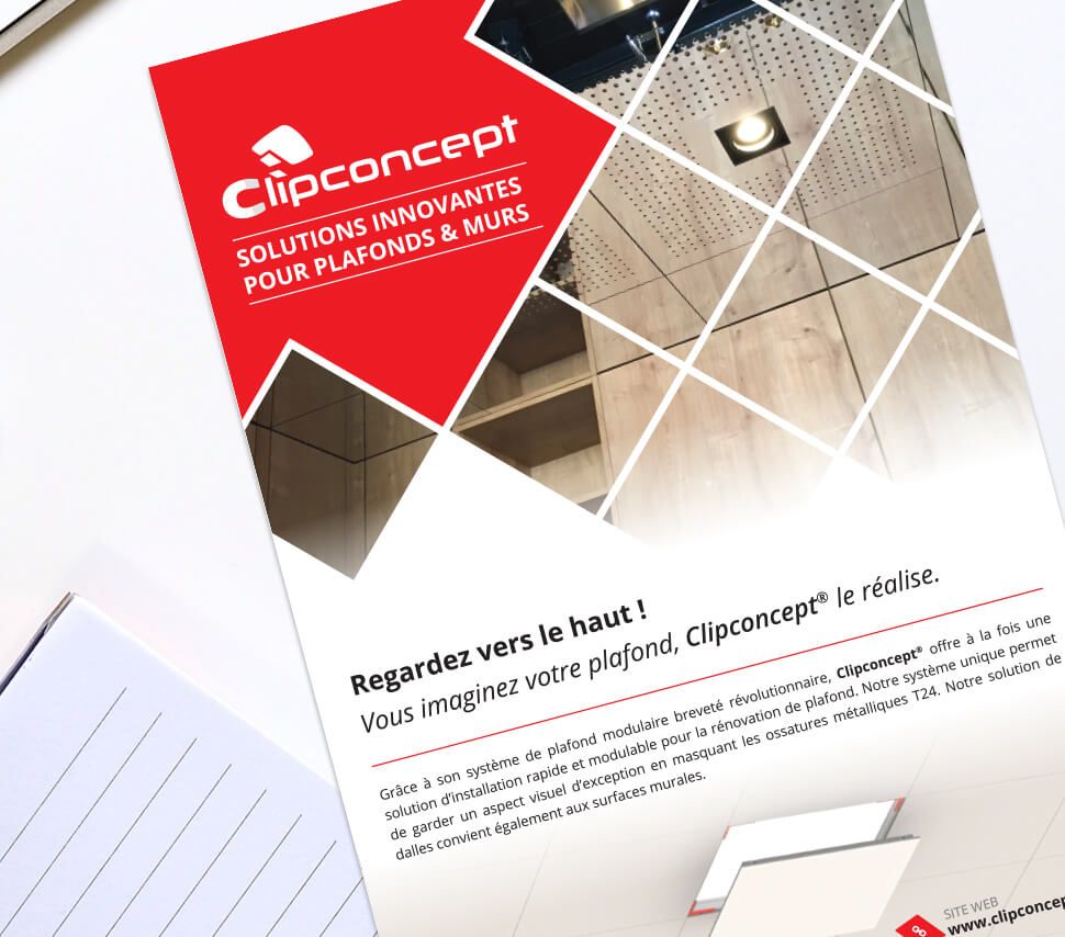 Couverture de la brochure Clipconcept : « Solutions innovantes pour plafonds & murs » et « Regardez vers le haut ! »