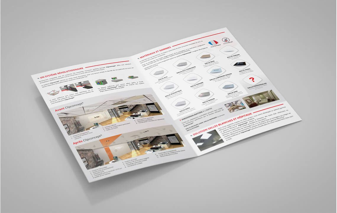 Brochure Clipconcept ouverte : « Un système révolutionnaire », comparaison avant / après, et les matériaux et gammes de dalles