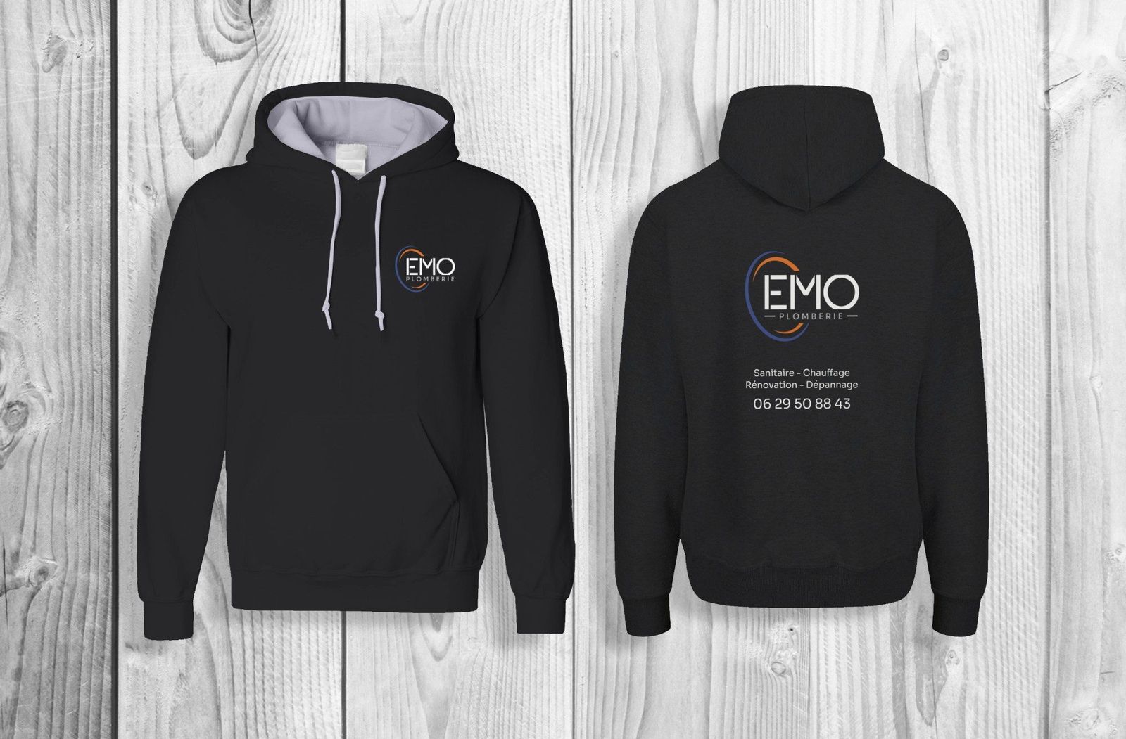 Sweats à capuche noirs EMO Plomberie : le logo brodé sur le cœur à l’avant, et au dos le logo en grand avec les services et un numéro de téléphone