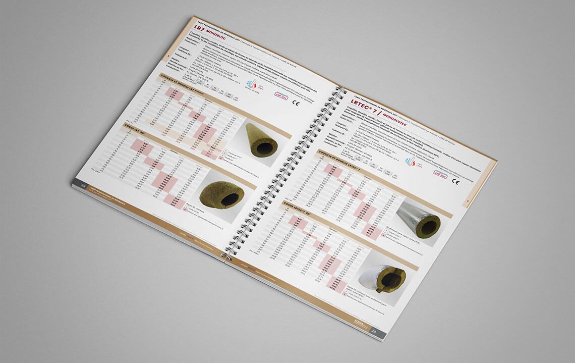 Catalogue de prix Eozia ouvert sur deux pages de tableaux tarifaires de coquilles isolantes