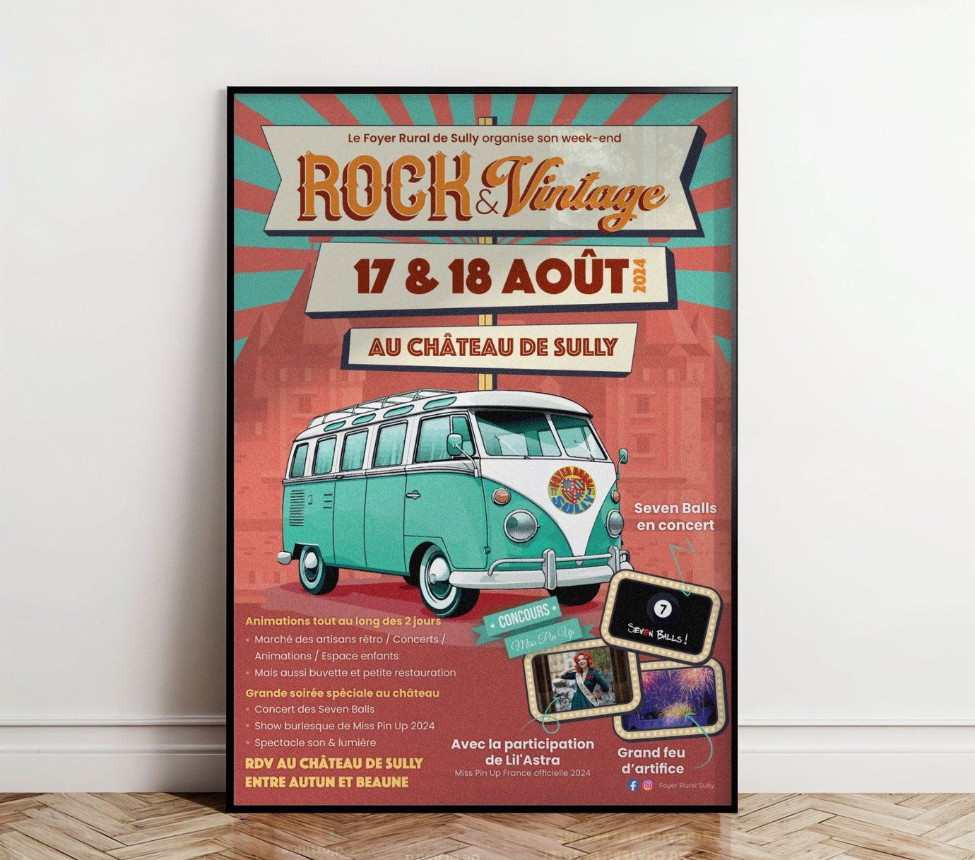 Affiche du week-end Rock & Vintage du Foyer Rural de Sully, les 17 et 18 août 2024 au château de Sully : un combi Volkswagen turquoise sous des panneaux rétro