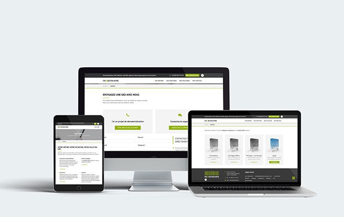 Site Indexware sur ordinateur, tablette et portable : page contact et page des solutions