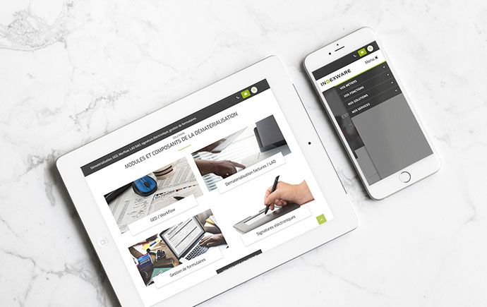 Site Indexware sur tablette et mobile : les modules de la dématérialisation et le menu