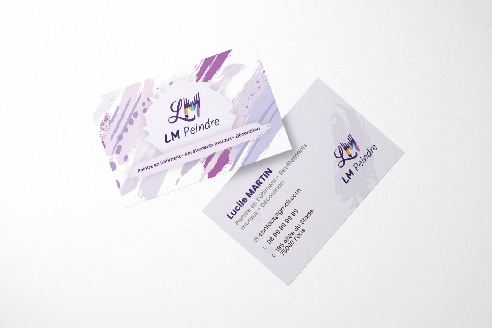 Cartes de visite LM Peindre : recto aux coups de pinceau violets autour du logo, verso lavande avec les coordonnées