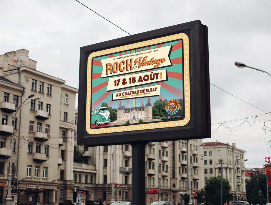 Panneau d’affichage du week-end Rock & Vintage organisé par le Foyer Rural de Sully